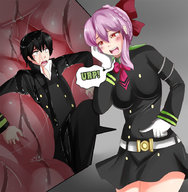 drawing giantess vore comic purple_hair red_eyes smiling shrunken_man saintxtail cutaway