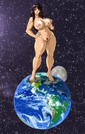 drawing giantess nude earth giga space color long_hair planet huge_breasts brunette moon mariangts thick_thighs
