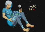 white_hair earth giga space large_breasts long_hair barefoot moon looking_down nail_polish blue_nails jaiegantic
