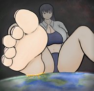 giantess giga black_hair large_breasts long_hair toes barefoot soles underwear smiling legs_spread yamumil