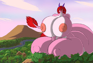 drawing furry tail anthro dragon long_hair huge_breasts red_hair sitting looking_down forest dragon_girl thick_thighs pink_skin