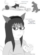 drawing giantess giga city comic monochrome handheld buildings glasses godzilla cat_girl on_palm giantwaifus