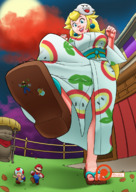 drawing crush blonde color blue_eyes mario princess_peach low_angle kimono shrunken_men toad luigi outdoors point_of_view raised_foot spokle super_mario_odyssey looking_at_tinies
