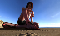 toes barefoot soles bed smiling red_hair short_hair sitting sandals shrunken_man looking_down outdoors on_toe digital_render uschi3