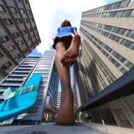 city toes barefoot soles low_angle shrunken_man outdoors flip_flops digital_render discarded_footwear uschi3