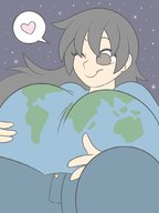 drawing giantess giga space black_hair long_hair clothed planet huge_breasts unknown_artist looking_down hugging winking