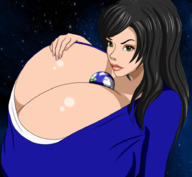 drawing earth giga space black_hair color long_hair clothed cleavage huge_breasts between_breasts dtars