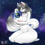 giantess nude furry earth giga space black_hair long_hair planet huge_breasts sitting looking_down thick_thighs