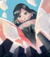bikini drawing giantess giga city black_hair long_hair angry low_angle between_legs looking_down outdoors