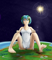 drawing giantess panties earth giga upskirt color destruction planet toes barefoot soles sitting looking_down skimpy_clothing sitting_on_planet earth_chan