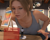 long_hair clothed cleavage red_hair ponytail bending_over shrunken_man desk runswithferrets top digital_render erasers