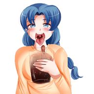 drawing giantess vore blue_eyes blue_hair shrunken_woman open_mouth coke no_background mouth_open saintxtail