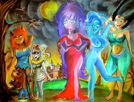 drawing giantess furry anthro black_hair color cleavage purple_hair blue_hair huge_breasts mini_giantess vampire ghost blue_skin looking_down purple_skin mummy scooby-doo shaggy franksteins_monster werewolf cartoon_network