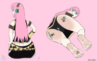 drawing panties upskirt long_hair low_angle pink_hair pinned under_foot looking_back under_butt giantwaifus