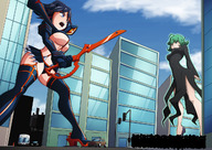 drawing giantess city color large_breasts clothed sword crossover high_heels buildings blue_hair green_hair dress underboob fighting giantesses standing vehicles thighs crowds vehicle_crush kill_la_kill ryuko_matoi one_punch_man ravenravenraven bare_midriff tornado_(one_punch_man) hair_streak
