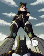 breasts drawing giantess mega color cleavage brunette superhero low_angle looking_down mask batman whip catwoman winking thief selina_kyle dc_comics ravenravenraven batman_ninja