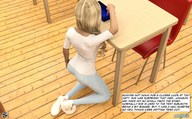 blonde comic long_hair handheld domination slave smiling story kneeling shrunken_man dangle captions indoors manicure student looking_at_tiny digital_render aaabbbzzz