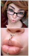clothed glasses brunette short_hair shrunken_man piercing spawngts panels on_lips digital_render nose_piercing lip_piercing pursed_lips