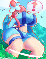 drawing growth giantess pokemon color large_breasts pink_hair shorts forrest