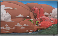 bikini drawing giantess giga long_hair destruction huge_breasts cat_ears pink_hair twintails looking_down sunglasses dark_skin clouds looking_back big_butt