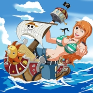 drawing large_breasts long_hair one_piece smiling red_hair sitting bikini_top ships pointing pirate kisparlius