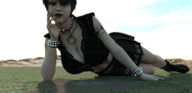 giantess giga black_hair large_breasts cleavage lying_down short_hair boots looking_down goth necklace bracelet unseenharbinger