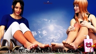 giantess nude giga blonde destruction toes barefoot soles brunette short_hair airplane giantesses between_toes looking_back stuck_to_foot debris digital_render discarded_footwear drexkhian