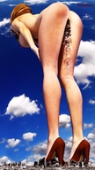 giantess nude giga destruction barefoot high_heels brunette short_hair airplane bending_over looking_down between_toes debris digital_render drexkhian