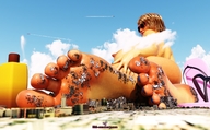 giantess nude giga destruction toes barefoot soles brunette short_hair airplane between_toes looking_back stuck_to_foot debris digital_render discarded_footwear drexkhian sunglases
