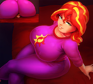 drawing long_hair clothed bed butt_crush green_eyes huge_breasts smiling red_hair sitting pinned indoors looking_at_viewer my_little_pony thick_thighs sunset_shimmer multicolored_hair humanized_pony between_buttcheeks cutaway maarthul adiago_dazzle