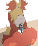drawing gentle pokemon furry anthro long_hair huge_breasts unknown_artist sitting open_mouth hugging source_needed no_background in_lap delphox lucario