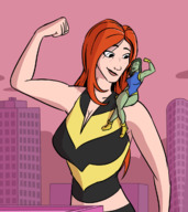 breasts drawing giantess mega color large_breasts cleavage gloves green_hair red_hair boots skyscraper flexing freckles top leotard she_hulk on_shoulder green_skin mary_jane bare_legs spider-man marvel_comics the_wasp bare_midriff caiman2 earth_20052 claire_temple