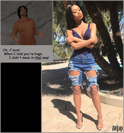 collage black_hair long_hair clothed high_heels shrunken_man looking_up outdoors ripped_clothing dialogue digital_render arms_folded open_toe starkadhr