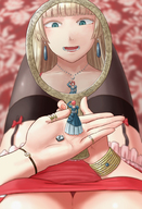 drawing large_breasts handheld cleavage smiling dress shrunken_woman looking_down rings necklace mirror earrings bracelet on_palm mizuno