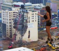 breasts giantess collage city mega black_hair large_breasts long_hair butt destruction high_heels high outdoors top crane demolition