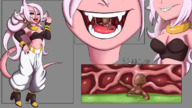 drawing white_hair vore long_hair clothed digestion open_mouth android no_background pink_skin melancholicmash