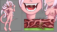 drawing white_hair nude vore long_hair digestion open_mouth android no_background pink_skin melancholicmash