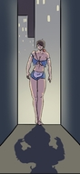 drawing growth city color large_breasts barefoot cleavage buildings brunette navel amazon shadow night alley ripped_clothing bare_midriff pettyexpo waitress_uniform
