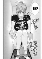 drawing growth giantess panties comic monochrome large_breasts barefoot cleavage story sitting toilet shirt ripped_clothing