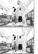 drawing nipples giantess nude comic monochrome large_breasts barefoot story standing size_comparison bedroom