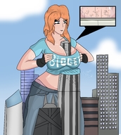 drawing giantess city color large_breasts buildings red_hair freckles between_breasts fullautogts