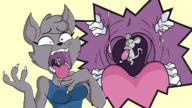 drawing vore furry anthro large_breasts tongue mouse dress animation open_mouth imminent_vore choking no_background rookiex