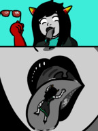 drawing vore horns black_hair long_hair open_mouth sunglasses homestuck no_background grey_skin honmetgts