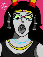 drawing vore horns black_hair long_hair open_mouth sunglasses homestuck no_background grey_skin honmetgts