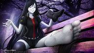 drawing black_hair color long_hair barefoot blood foot_crush shrunken_man boot bench anirusfere stuck_on_sole pale_skin mikurei26