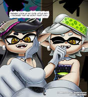 drawing color handheld gloves nintendo shrunken_man indoors commission looking_at_tiny on_palm micromike callie splatoon inkling squid_sisters marie_(splatoon) sunsetstreek