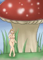 breasts drawing nipples nude pussy blonde color long_hair barefoot mushroom shrunken_woman grass standing braid shaven dinobirdofdoom