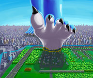 drawing giantess furry giga anthro destruction barefoot blue_skin raised_foot impending_doom