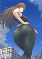 breasts drawing giantess city mega color large_breasts long_hair butt buildings jeans huge_breasts brunette smoke thighs outdoors looking_back top hands_on_hips hairband thick_thighs uru hitomi_tanaka bare_midriff