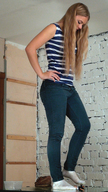 collage blonde long_hair clothed jeans domination socks shrunken_man looking_down top imminent_crush hand_on_hips